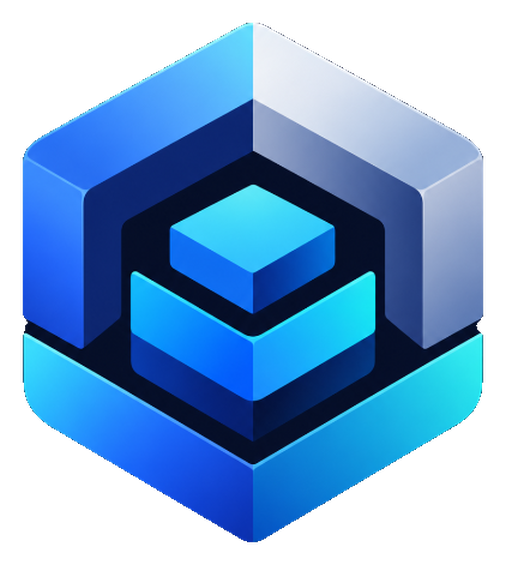 Vaulted emblem: a blue cube held inside three nested walls