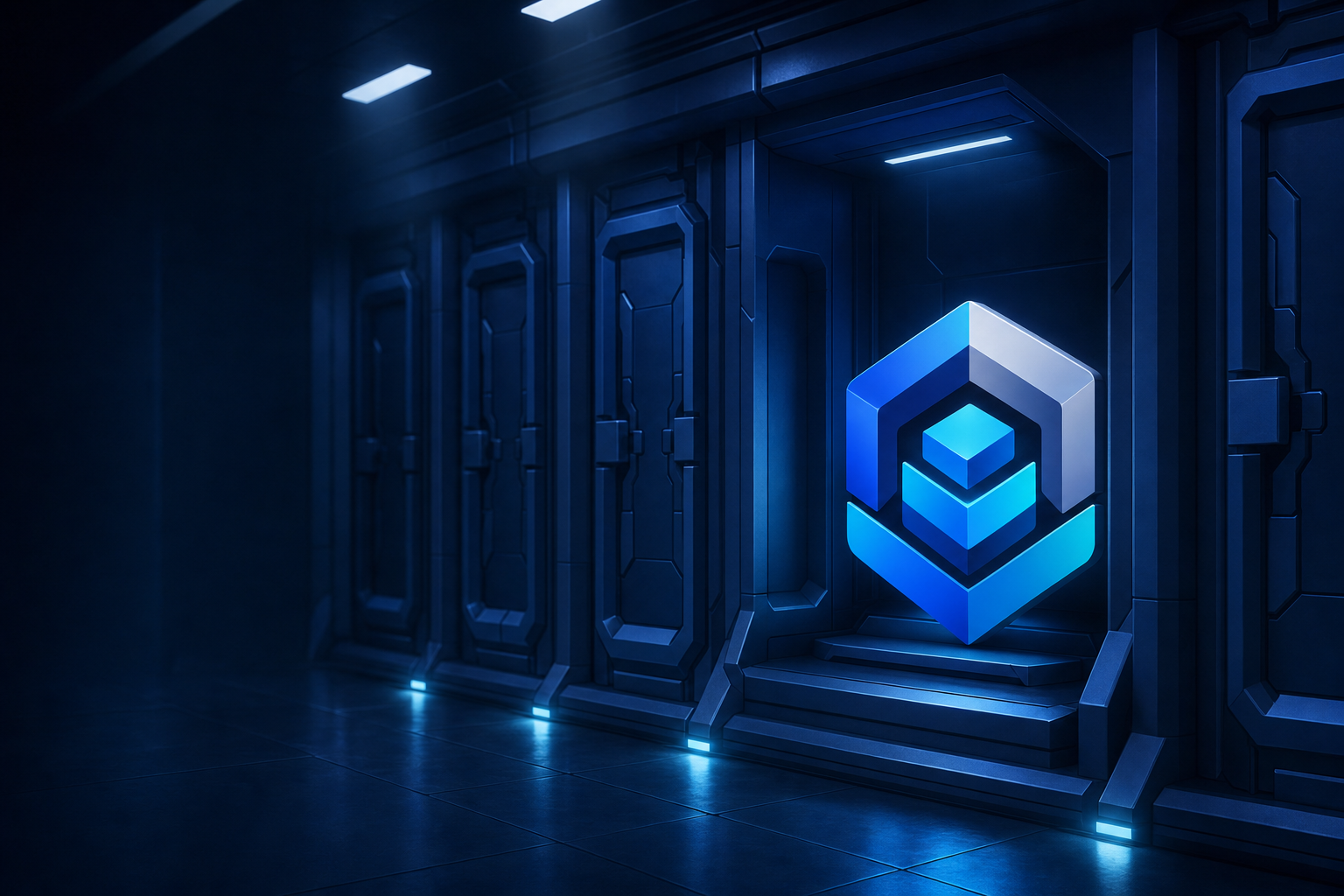 The Vaulted cube resting in a lit alcove along a dark corridor of sealed vault doors